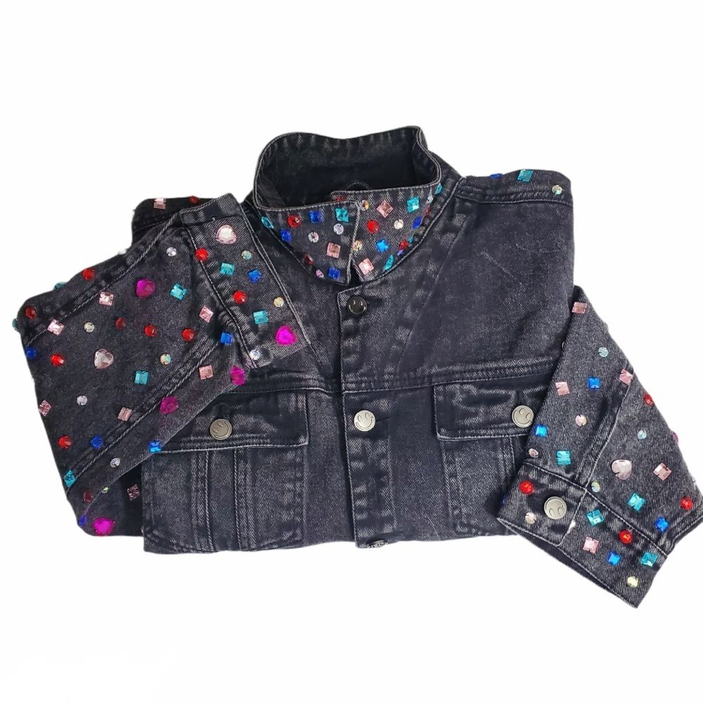 Rock Glam Rhinestone Studded Black Denim Jacket Bedazzled Vintage Size 10 - Picture 7 of 15
